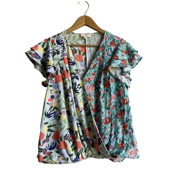 Entro Size Small Floral Top Mixed Print Faux Wrap Short Sleeve V-Neck Colorful A - Picture 1 of 12